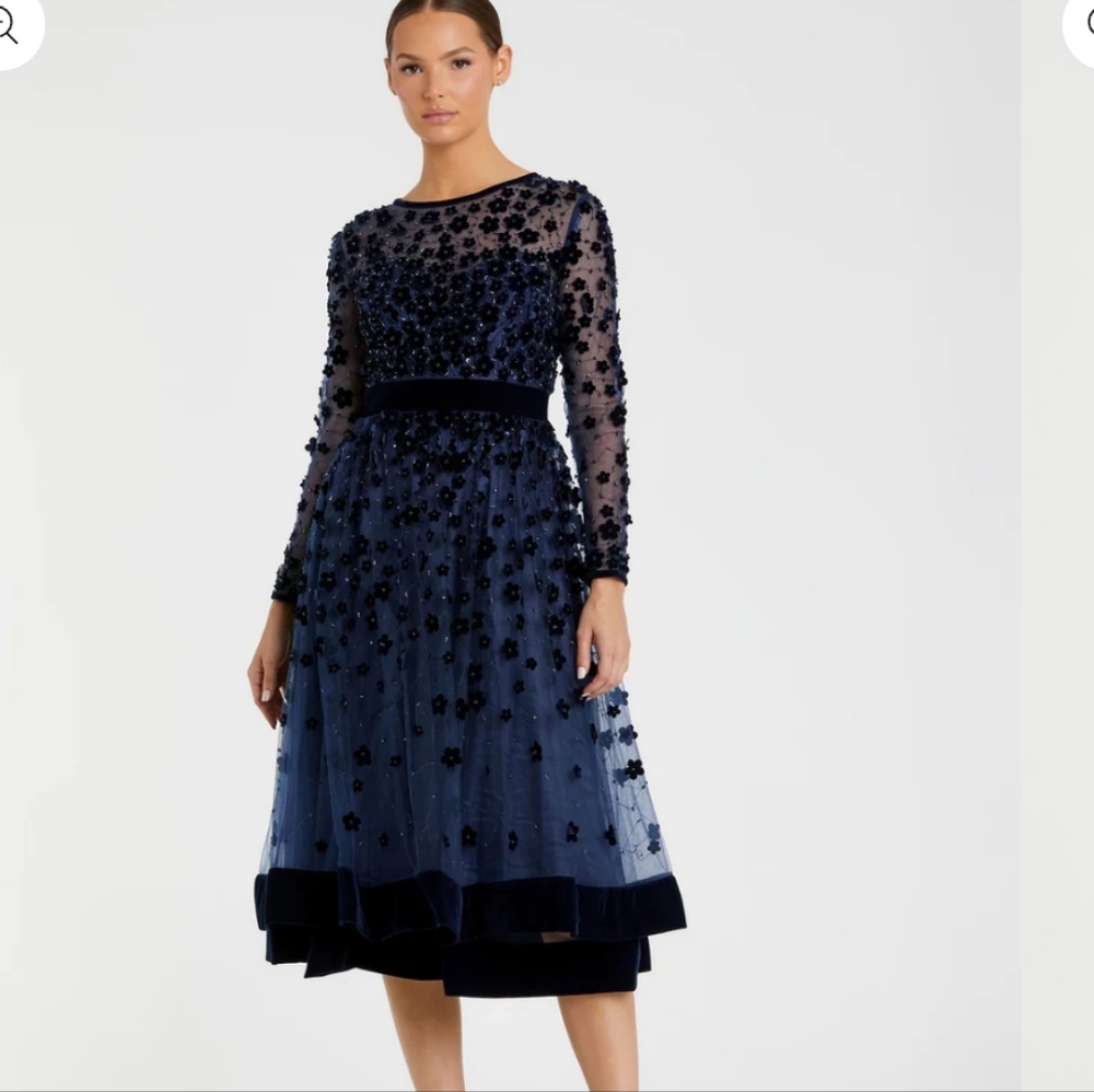 Mac Duggal Navy Embellished Long Sleeve Midi Dress